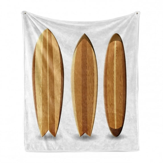 Surfboard Soft Flannel Fleece Blanket, Water Sports Ocean Related 3 Wooden Items Image on Plain Backdrop, Cozy Plush for Indoor and Outdoor Use, 60" x 80", White Amber and Pale Brown, by Ambesonne