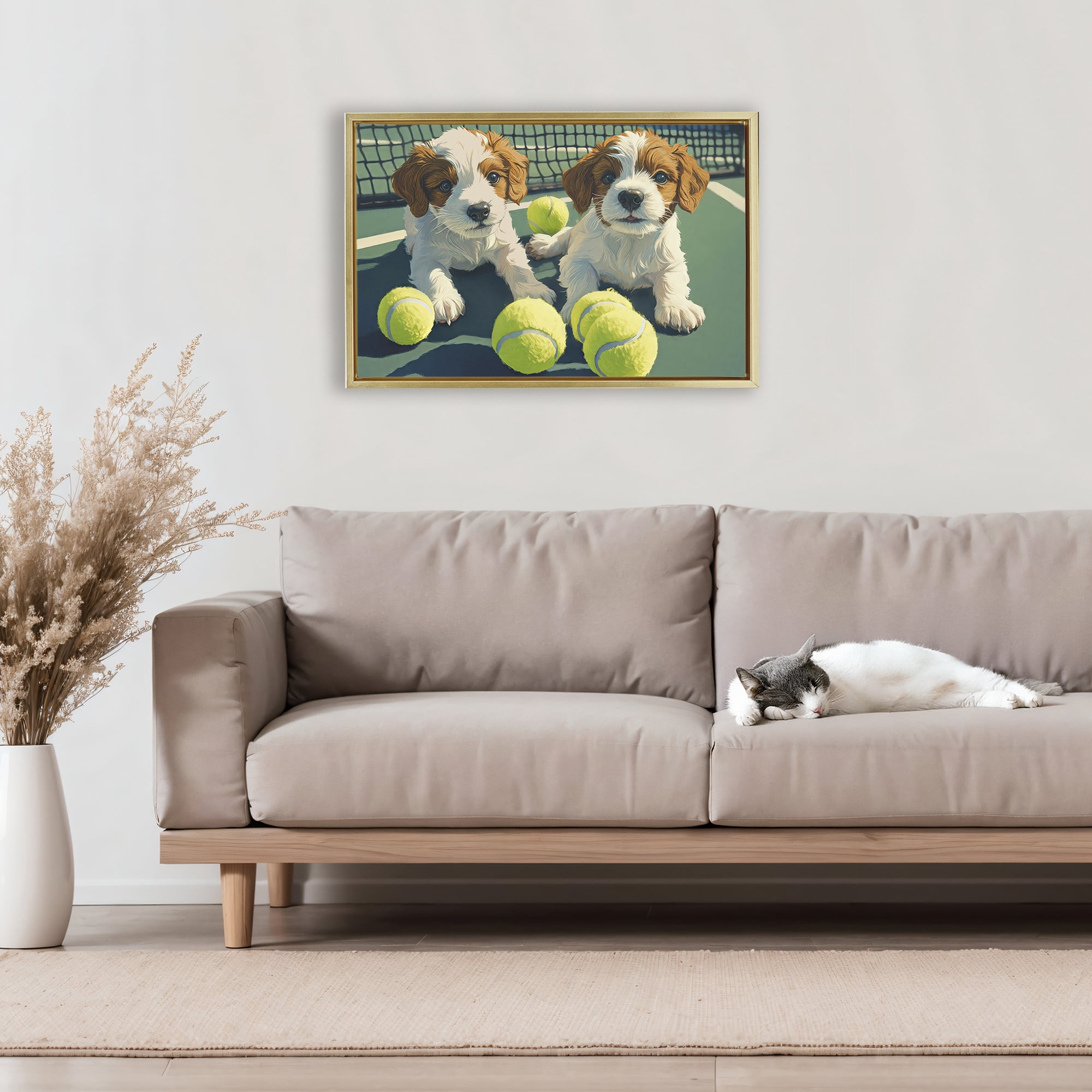 Stupell Industries Playful Puppies with Tennis Balls Gold Framed Floater Canvas Wall Art, design by Imagine It Images