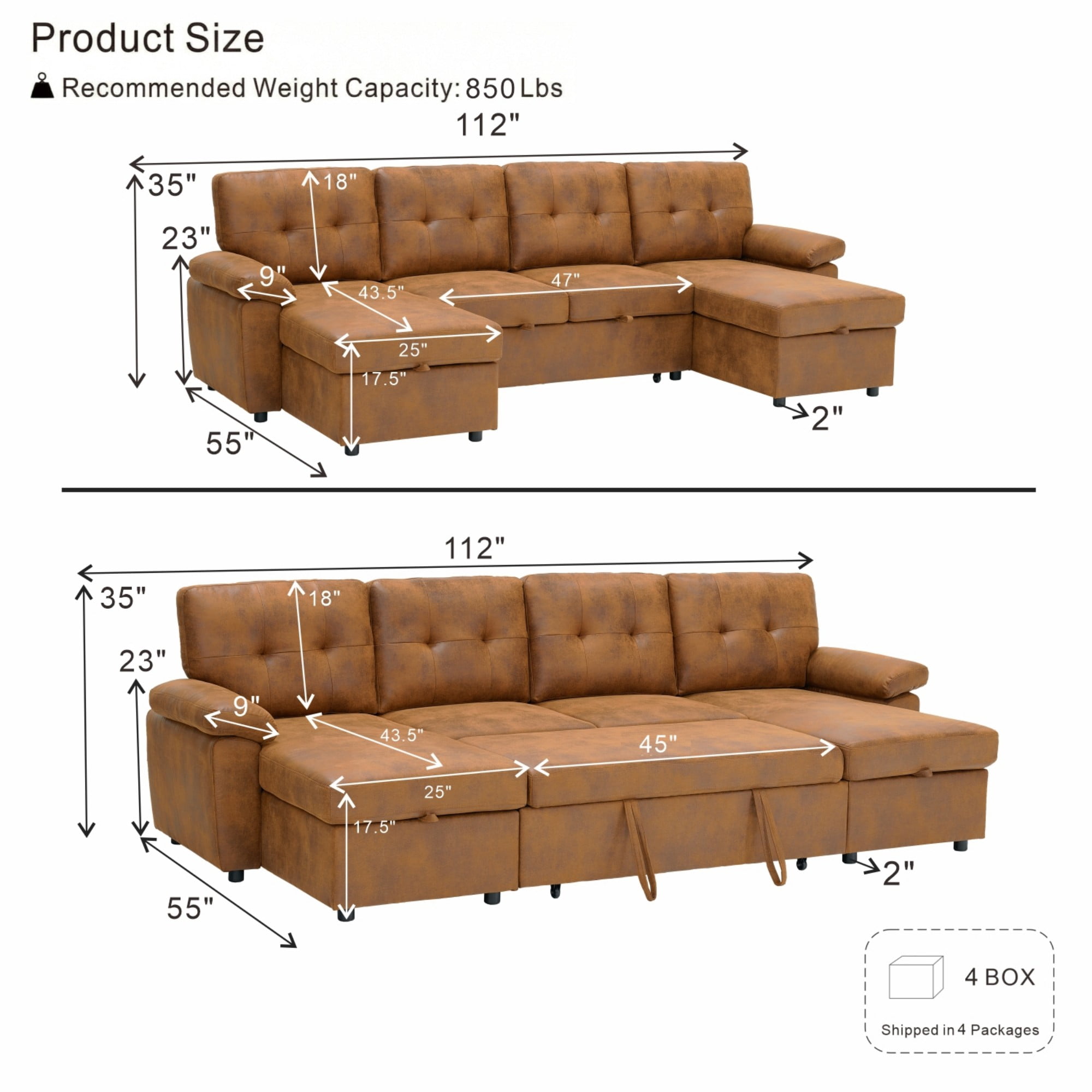 BSHTI 112" Polyester Fabric U-Shaped Sectional Sleeper Sofa Bed with Pull-Out Bed,Tufted Back Cushions and Storage Chaise for Living Room(Light Brown)
