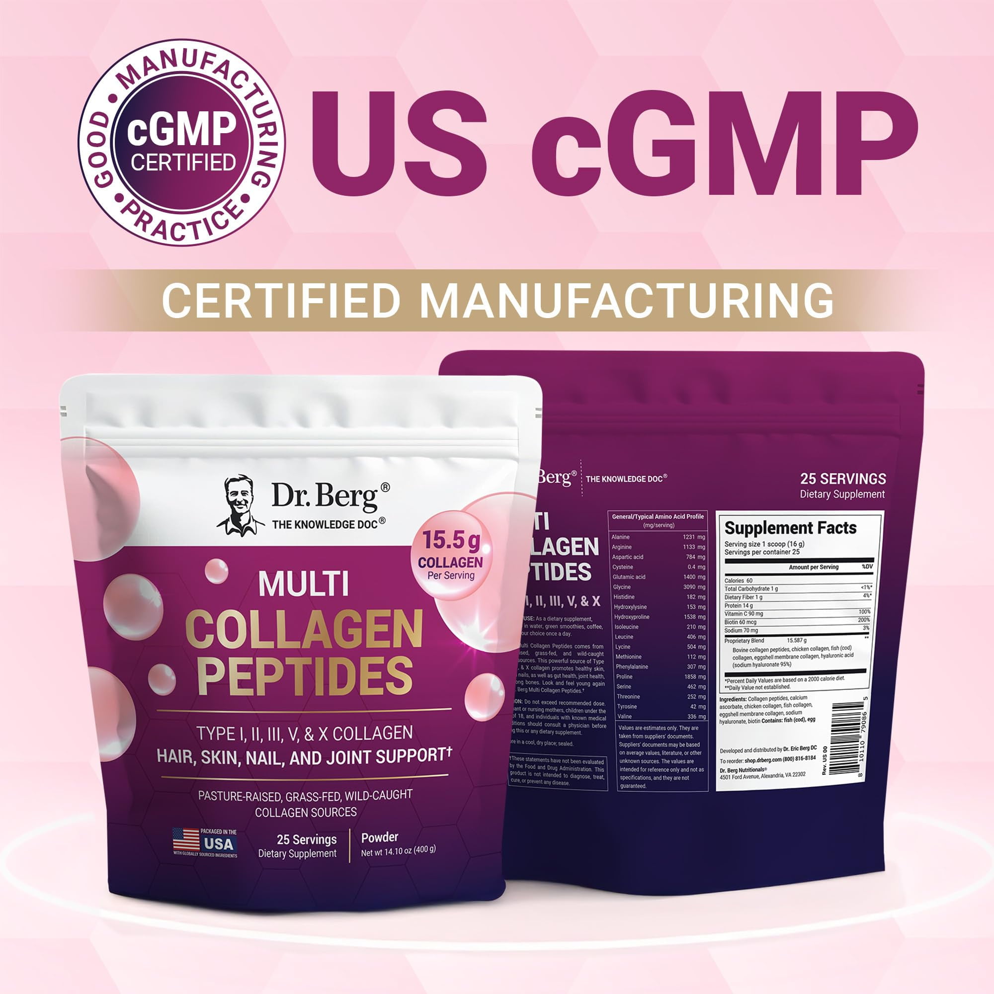 Dr. Berg Multi Collagen Peptides Powder - Types I, II, III, V, X Collagen Powder for Hair, Skin, Nails, & Joint Health, 25 Servings