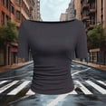 thumbnail image 2 of Uootdi Womens Tops Boat Neck Ruched Slim Fit Short Sleeves Rib Knit Soft Comfy Casual Daily Going Out Shirts Gift, 2 of 4