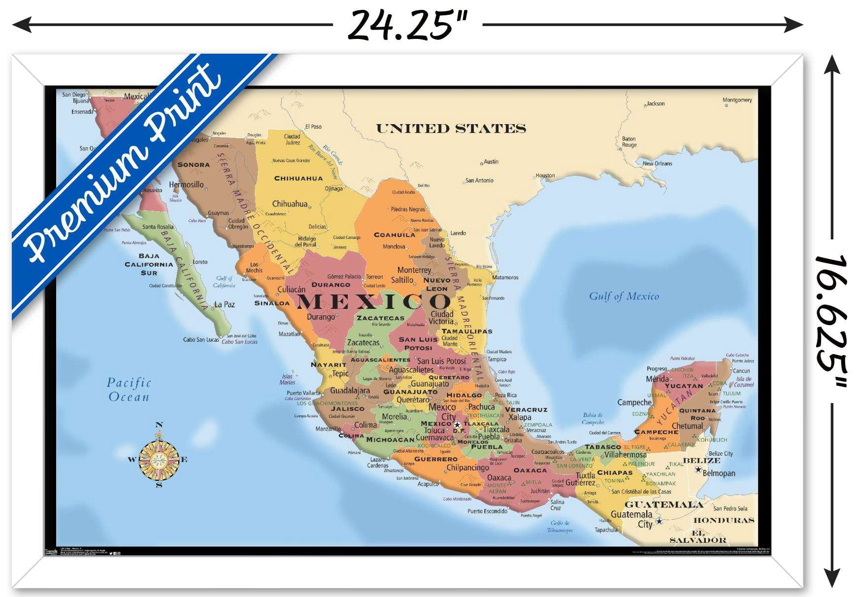 Map - Mexico Wall Poster, 14.725" x 22.375", Framed