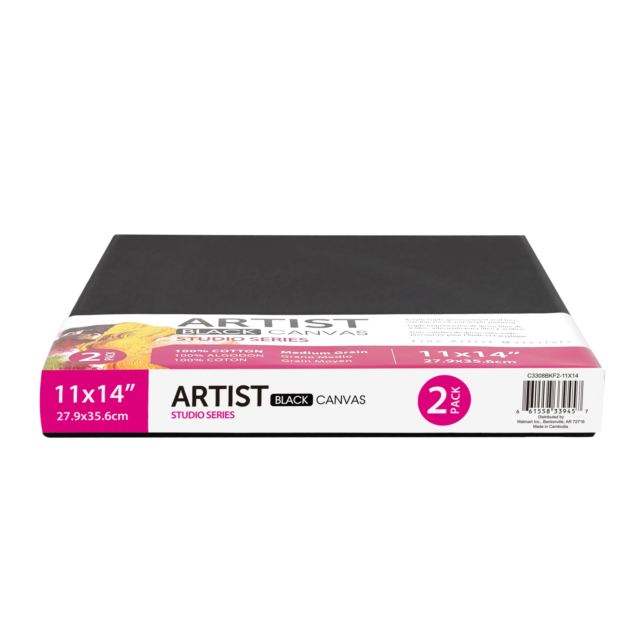 Studio Stretched Canvas, 100% Cotton Acid Free Black Canvas, 11"X14", 2 Pieces, Academic Canvas, Great Chioce for Beginners and Hobbyists of All Skill Levels.