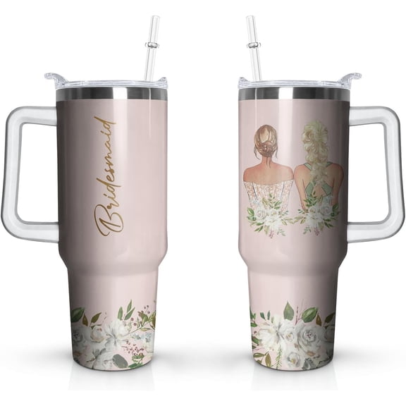 40 Oz Tumbler with Handle and Straw, Double Wall Coffee Travel Mug Spill Proof Leak Proof, Reusable Insulated Water Bottle 40 Oz, Stainless Steel Cup with Handle and Straw Gifts for Women