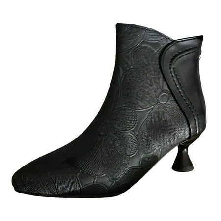OJSFQUFP Womens Shoes Winter Warm Boots Women Ankle Boots Fashionable New Pattern Minimalist Pattern Retro Pointed Toe Thin Heel Low Heel Comfortable Zipper Shoes Women Work Boots Black 42