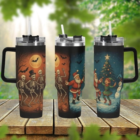 Christmas Dancing Skeletons 40oz Stainless Steel Tumbler With Handle Lid and Straw, Whimsical Drink Cup, Travel Tumbler, Fun Tumbler Gift
