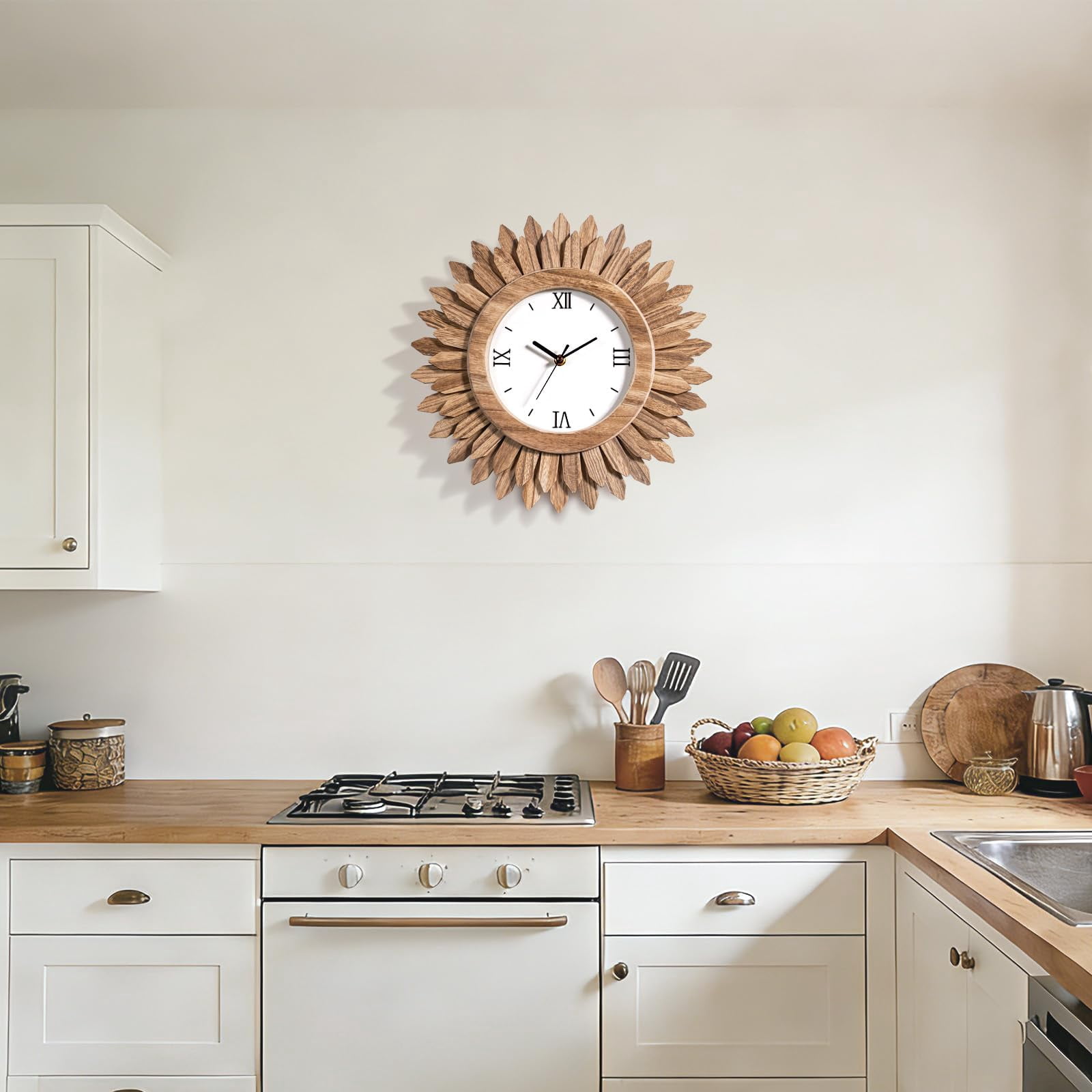 14 In Rustic Wood Boho Sunburst Decorative Wall Clock Silent Non Ticking Farmhouse Small Wall Clocks for Living Room Kitchen Bedroom Decor (Rustic Brown)