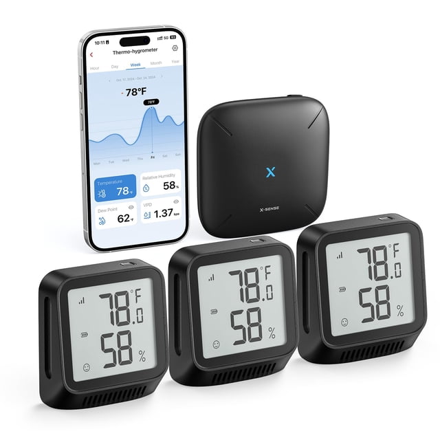 Termómetro WiFi e higrómetro interior X-Sense con 3 sensores, negro