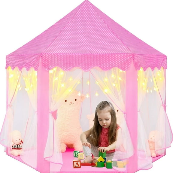 Princess Tent for Girls, Pink Tent with Star LED Lights, NOGIS Princess Castle Pretend Play, Princess Castle Playhouse Tent for Girls, 55 x 53 inch Toy Tent ,Pink