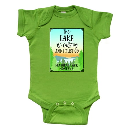 

Inktastic The Lake is Calling and I Must Go Flathead Lake Montana Gift Baby Boy or Baby Girl Bodysuit
