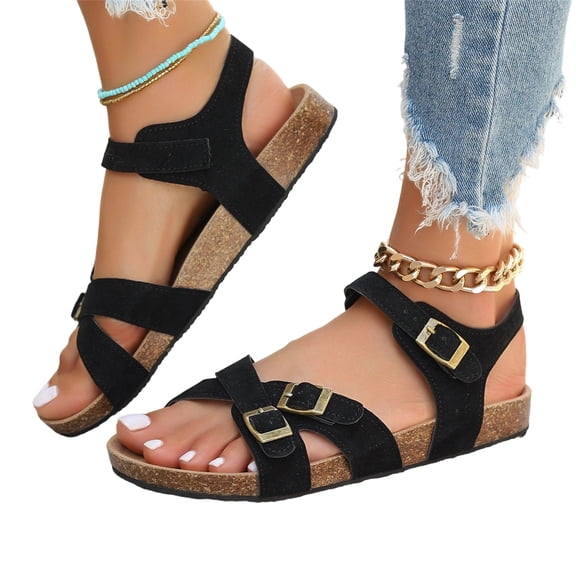 Women's Adjustable Buckle Sandals, Cork Footbed Women's Summer Sandals, Open Toe Casual Walking Sandals, Women's Buckle Strap Sandals Cork Footbed Open Toe Adjustable Casual Summer Shoes, Black 5.5