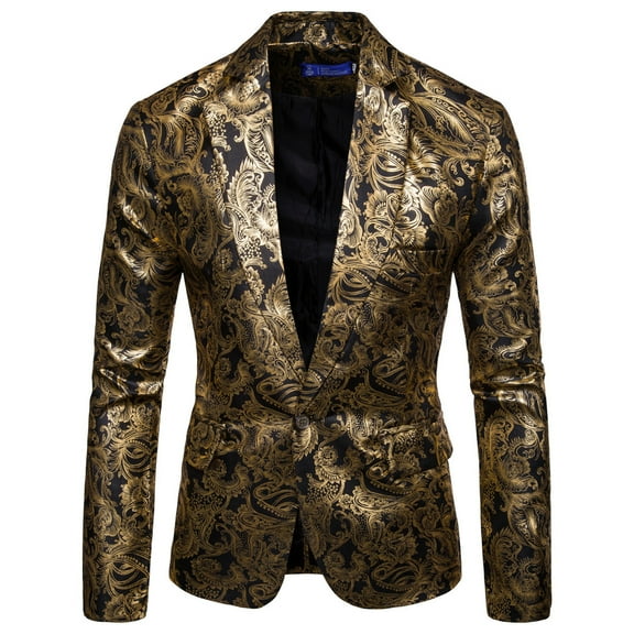 Odeerbi Blazer for Men Autumn And Winter Suit Leisure Bronzing Floral Slim Suit Coat Blue