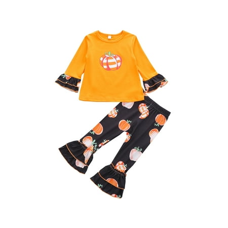 

Sunisery Toddler Baby Girl Halloween Outfits Pumpkin Ruffle Long Sleeve Shirt Tops + Striped Flared Pants Set Orange 3-4 Years
