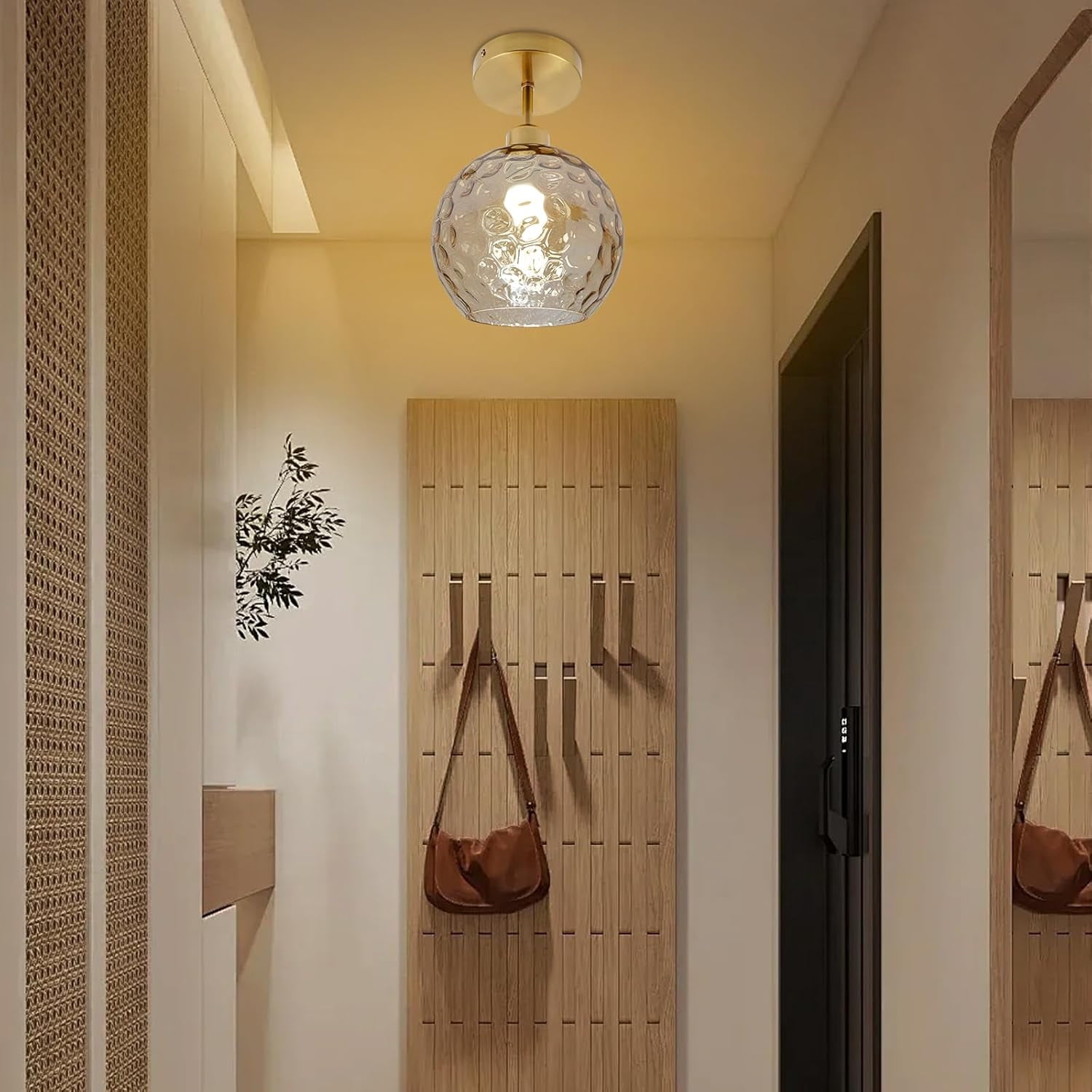 7.87" Semi Flush Mount Ceiling Light Fixtures, Vintage Ceiling Light Mid Century Close to Ceiling Light Dimmable Glass Shade Modern Ceiling Lamp for Hallway Bedroom Gold
