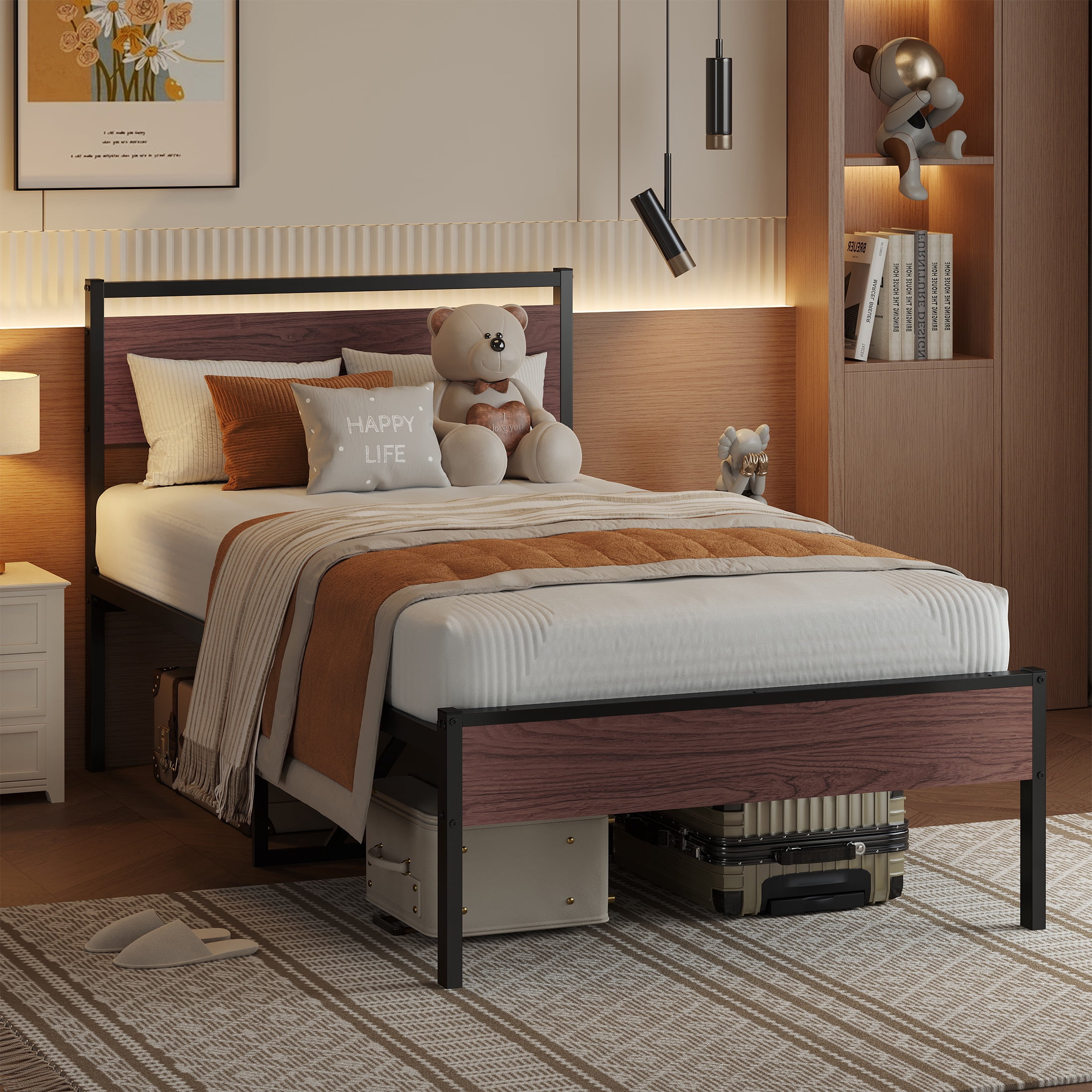 PAPROOS Twin Bed Frame, Metal Twin Bed with Wooden Panel Headboard, Platform Bed with Underbed Storage, Twin Size Metal Bed Frame, No Box Spring Needed, Rustic Brown