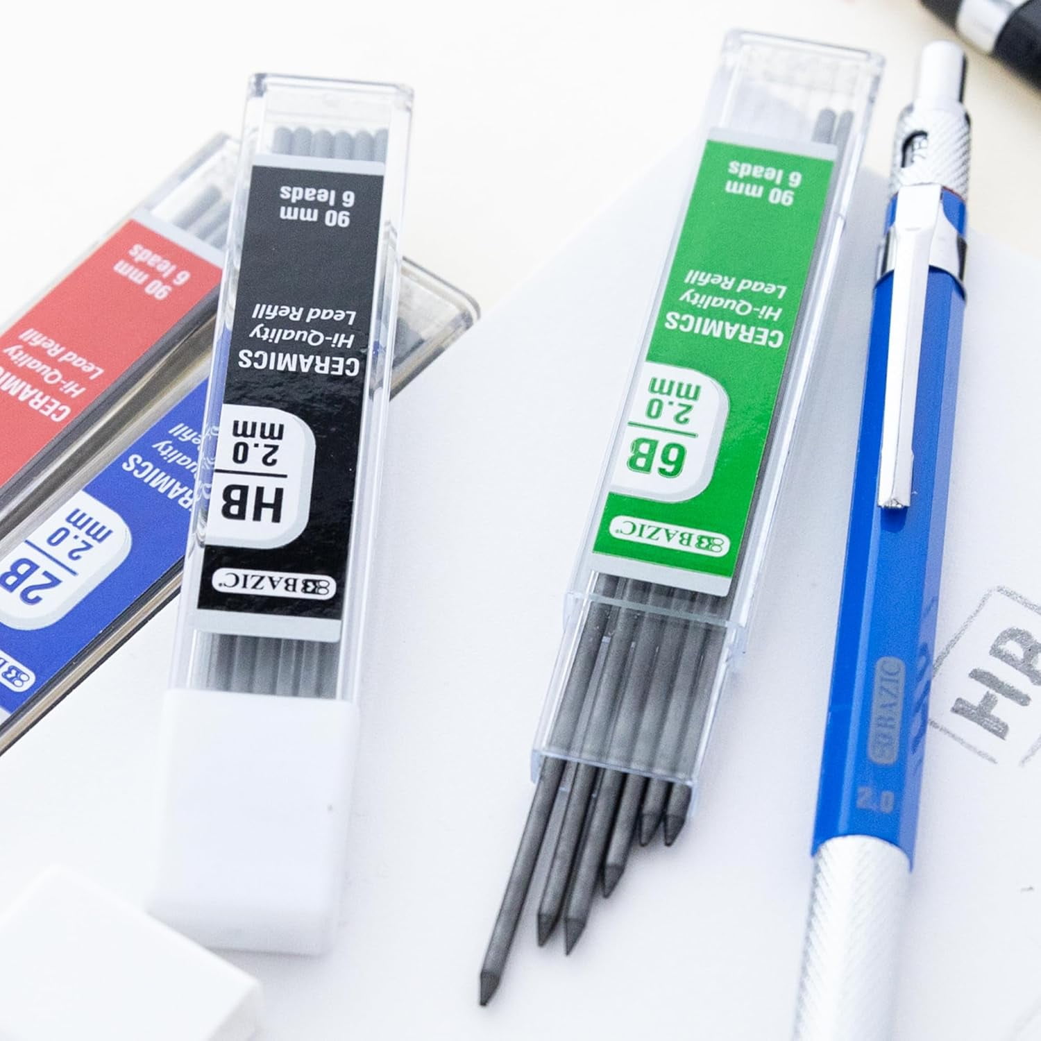 BAZIC 2.0mm Mechanical Lead Pencil with 4 Ceramic Lead Refills, HB 2B 4B 6B Lead, for Art Drafting Drawing Sketching Shading, 12-Packs