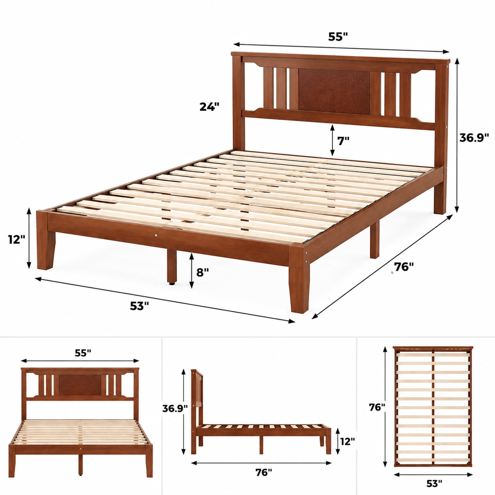 Alvantor Solid Pine Wood Platform Bed Frame with Ergonomic Headboard, 800 lbs Capacity