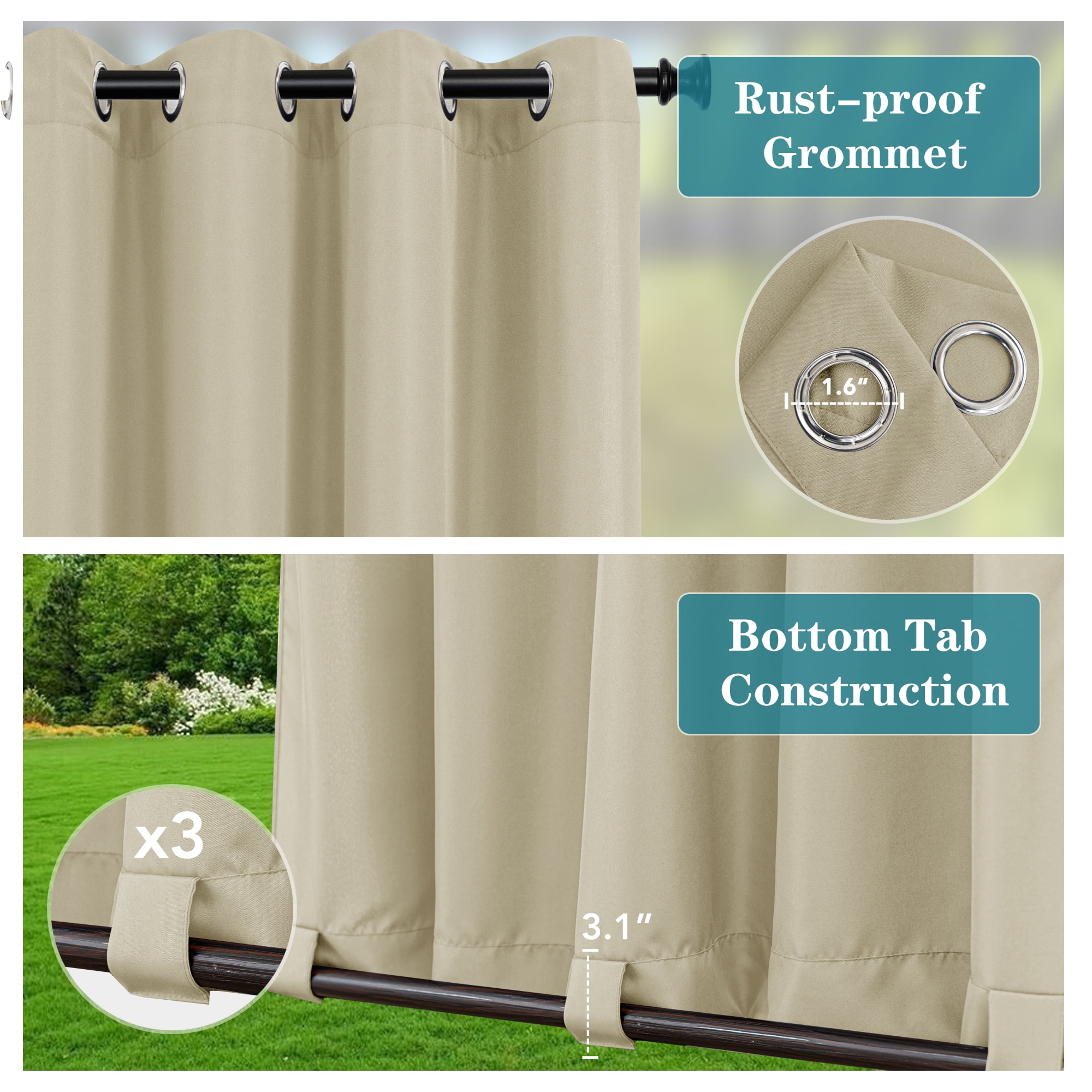 LUSHVIDA  Waterproof Outdoor Curtains for Detachable Sticky Tab Top Patio Outside，Gazebo, Porch, Pergola, Privacy Curtain, 110 x 84 inch, 1 Panels, Cream