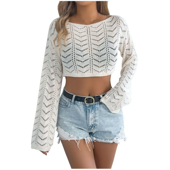 Womens Cropped Tops Summer Fashion Knit Hollow out Long Sleeves Crewneck T-Shirt Loose Comfy Sweater Knitwear Beige Medium