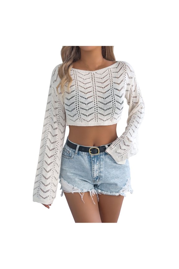 Women Cropped Crochet Tops Boatneck Hollow Out Boho Summer Fall Beach Bikini Cover Ups Long Sleeve Fashion Blouse