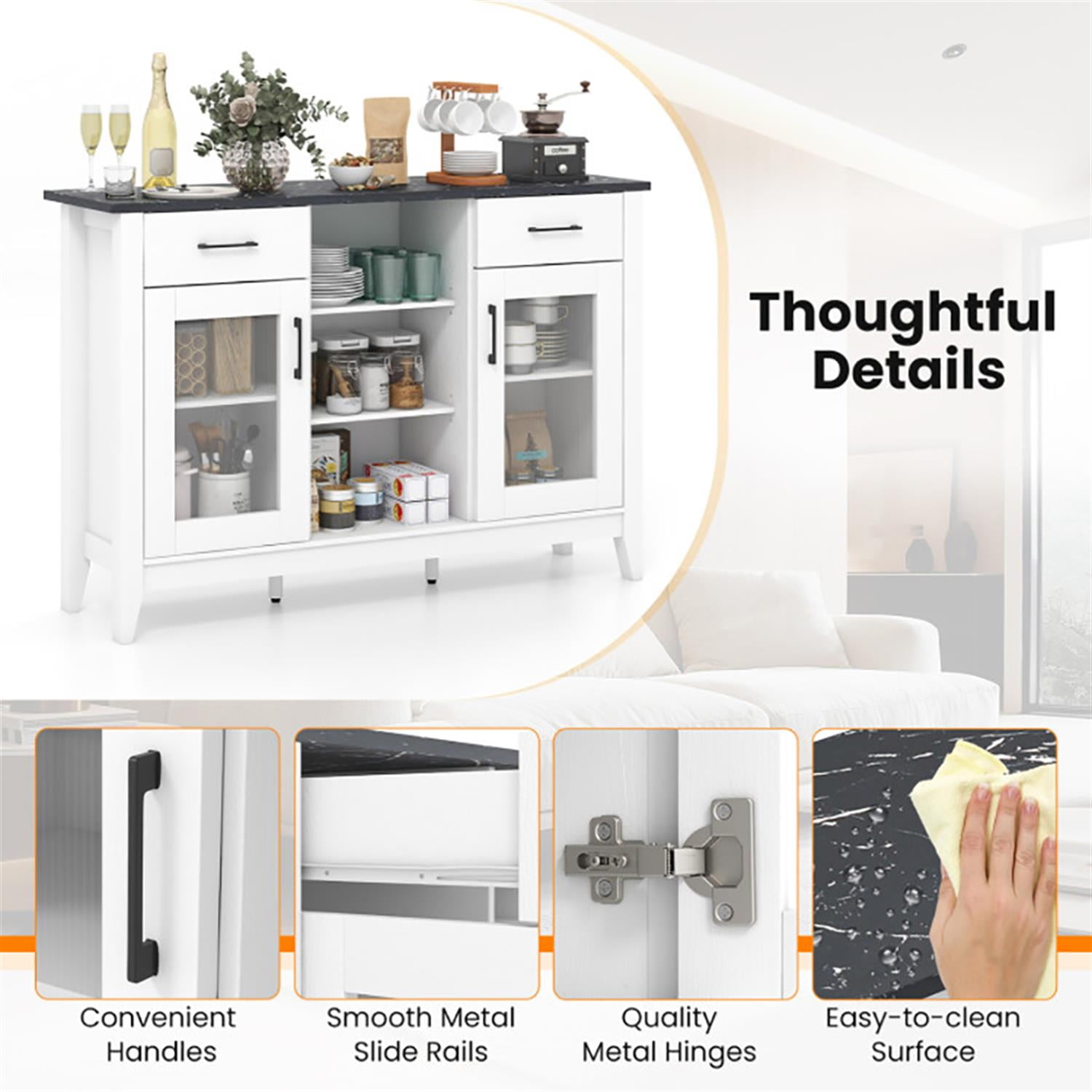 Demi Bonn 52" Sideboard Buffet Cabinet with 2 Drawers and 4 Adjustable Shelves, Kitchen Storage Cabinet, Wood Coffee Bar Buffet Table for Dining Room, White