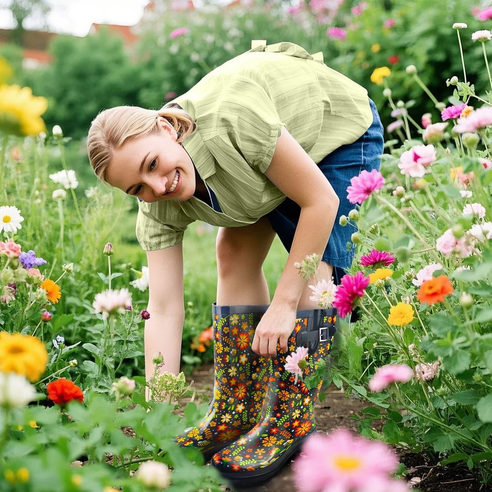 Landchief Women's Tall Waterproof Rubber Rain Boots for Garden, Size 11,Black Floral