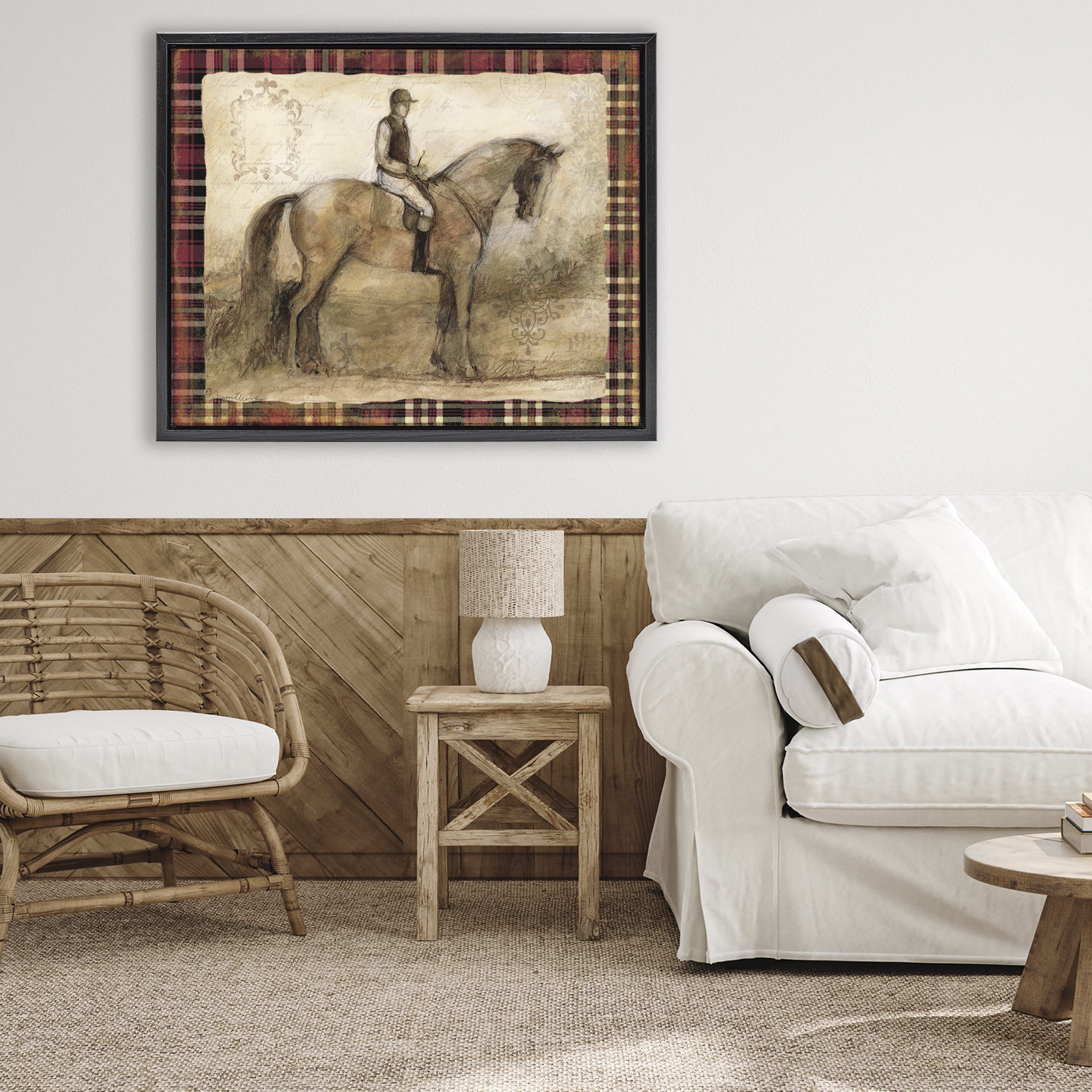 Stupell Industries Horse With Jockey & Plaid Black Framed Floater Canvas Wall Art, design by Susan Winget