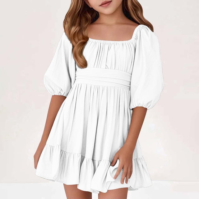 Meichang Robe d'Été pour Filles, Robe Courte à Encolure Carrée, Manches Bouffantes, Ligne A, Smockée, Fluide, Plissée, Ourlet à Volants, Robe de Fête pour Filles