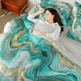 thumbnail image 4 of Castle Fairy Gradient Abstract Marble 7 Pieces Bedding Comforter Set for Teens Boys Girls,Teal Golden Grey Full Bedding Set Lightweight,Marbling Watercolor Fitted Sheet Flat Sheet, 4 of 8