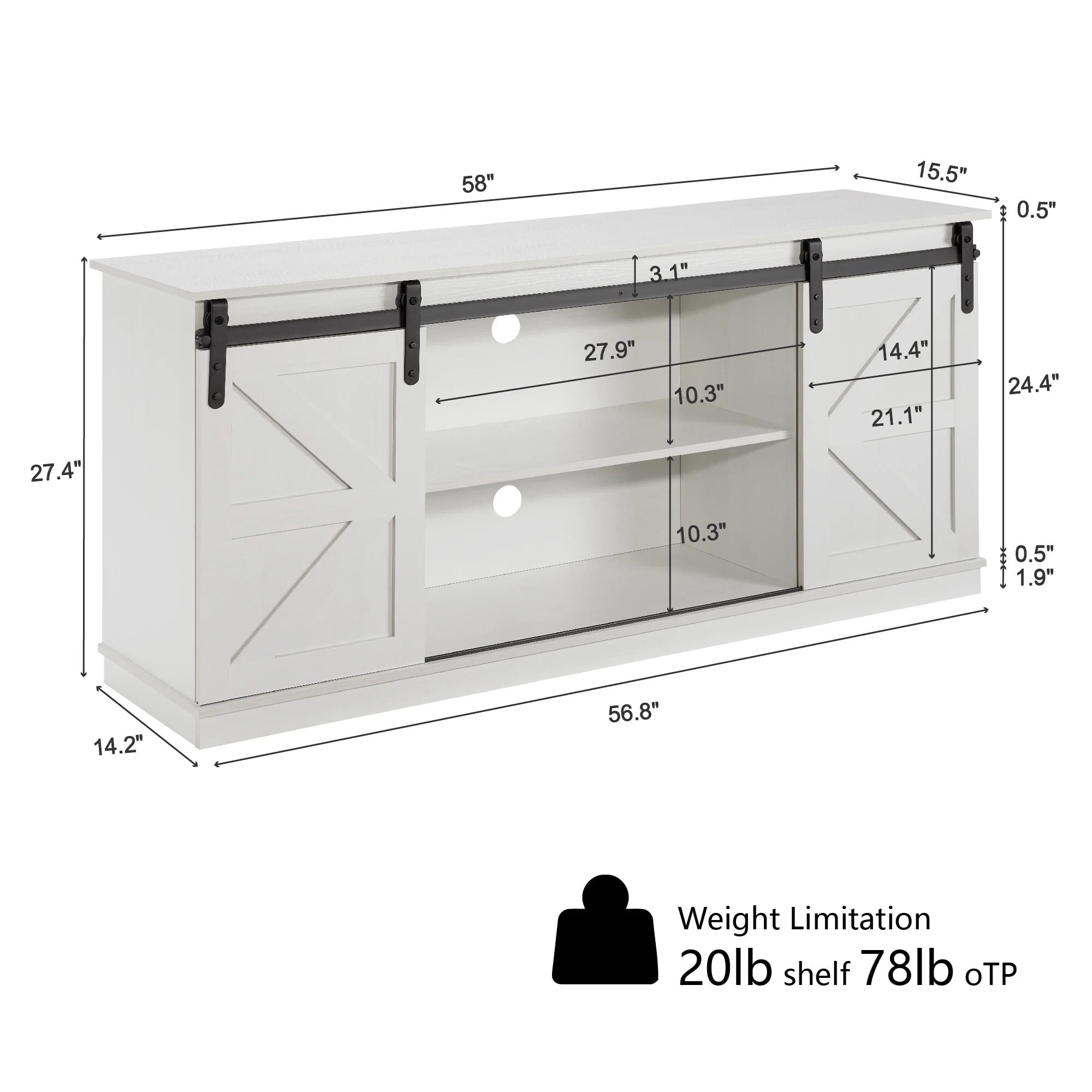 AENKYO Farmhouse TV Stand for TVs up to 65", Sliding Barn Doors, Adjustable Shelves, Cable Management, White
