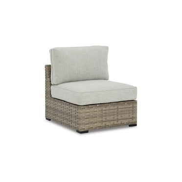 34 in. Walter Wicker Outdoor Armless Chair, Beige Fabric Cushion - Set of 2