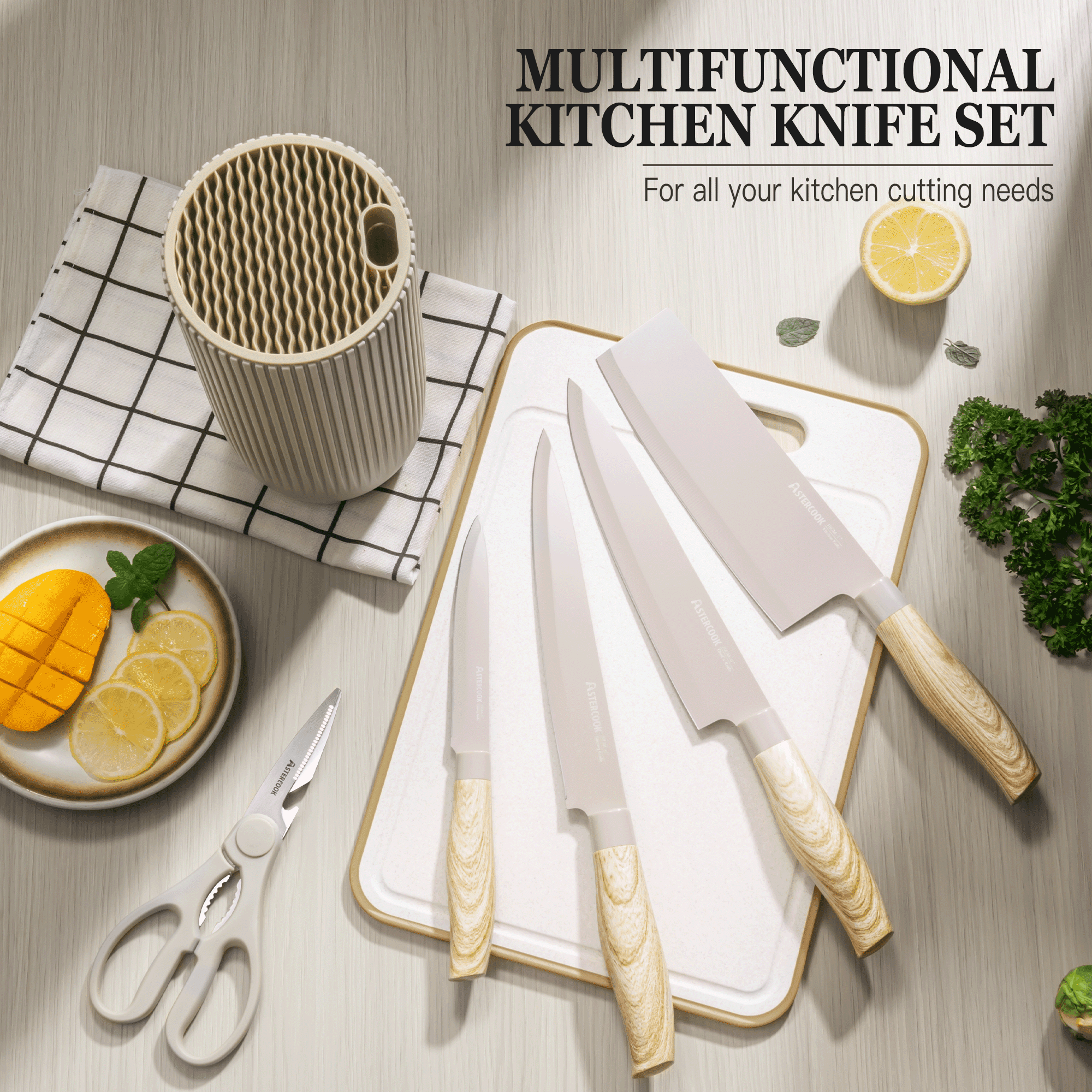 Astercook 6 Piece Beige Knife Set, Kitchen Knives Block Sets with Healthy Anti-Rust Coating, Stainless Steel Chef Knife Set Dishwasher Safe, Perfect Holiday Gifts for Kitchen