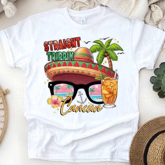Straight Trippin Cancun T-Shirt, Unisex Vacation Graphic Tee, White, Size S