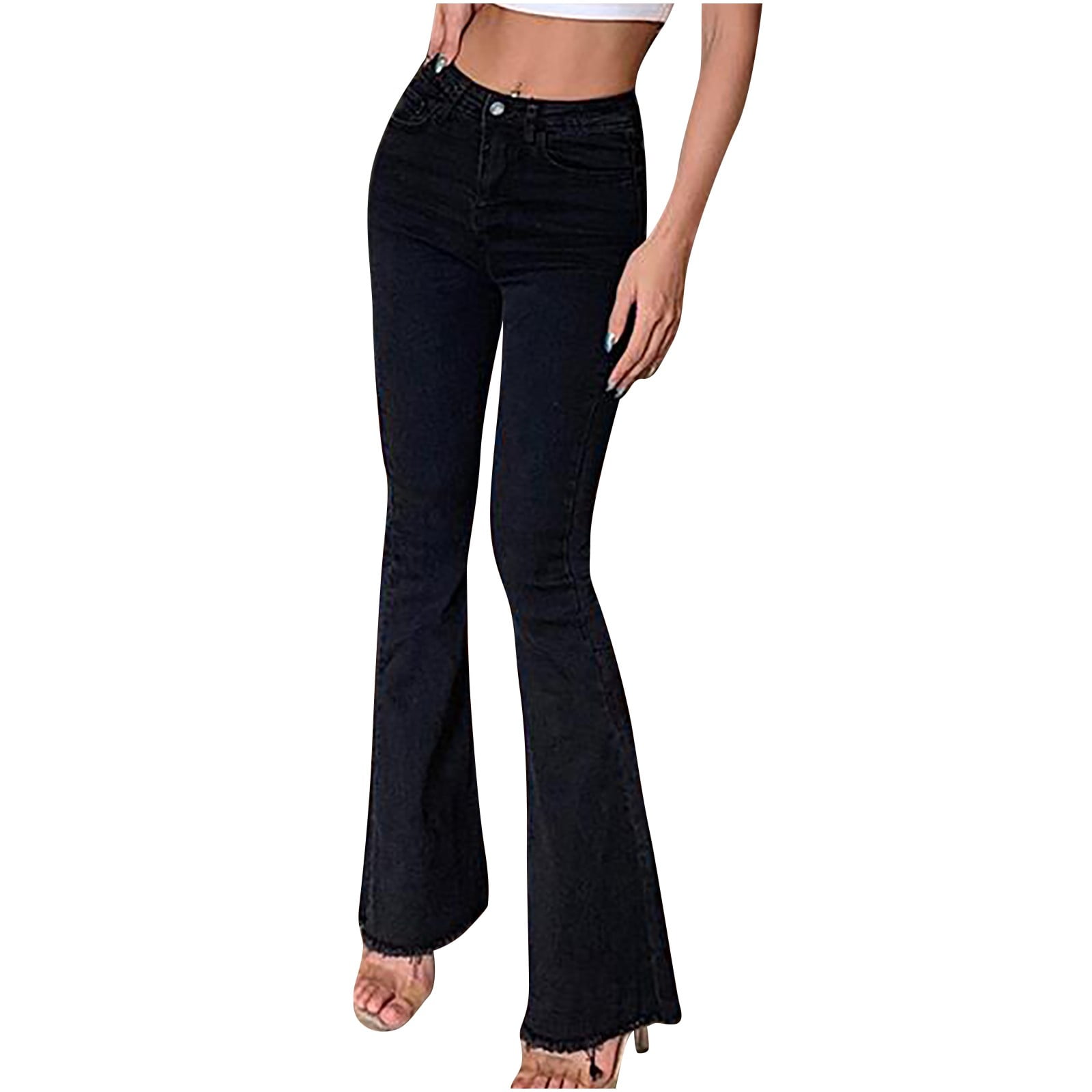 Bell Bottom Jeans for Women, Trendy High Waisted Stretch Flare Denim Pants  Butt Lifting Skinny Solid Color Trousers Black