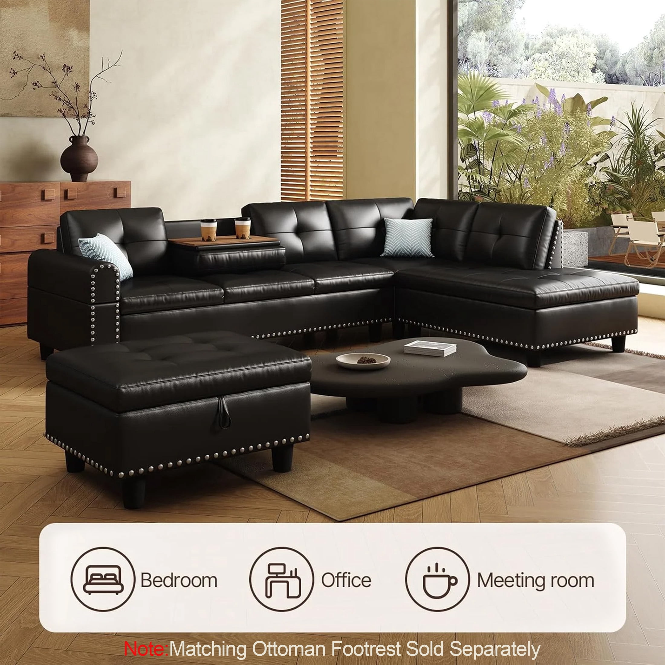 AENKYO 98" L-Shaped Sectional Sofa with Reversible Chaise and Cup Holders, Faux Leather, Black