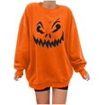 thumbnail image 1 of Chandails en Molleton Visage de Citrouille d'Halloween pour Femmes Manches Longues Surdimensionnées Col Rond Orange Pull Tops, 1 of 7