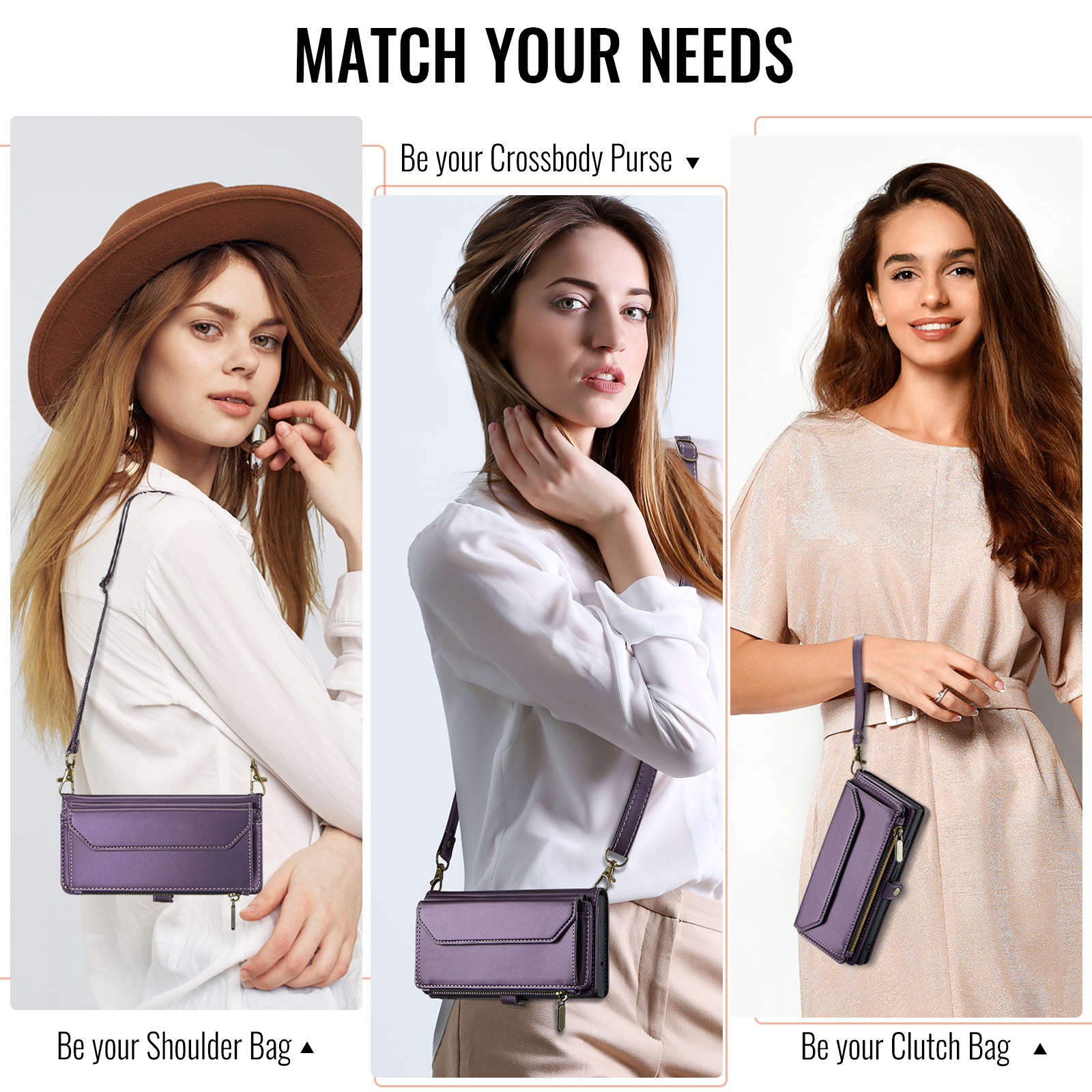Compatible with Samsung Galaxy S25 Ultra 5G Zipper Wallet Phone Case Tempered Glass Screen Protector Crossbody Lanyard Strap Flip Card Holder Slot Cell Cover for S25Ultra 25S S 25 Women Girls Purple