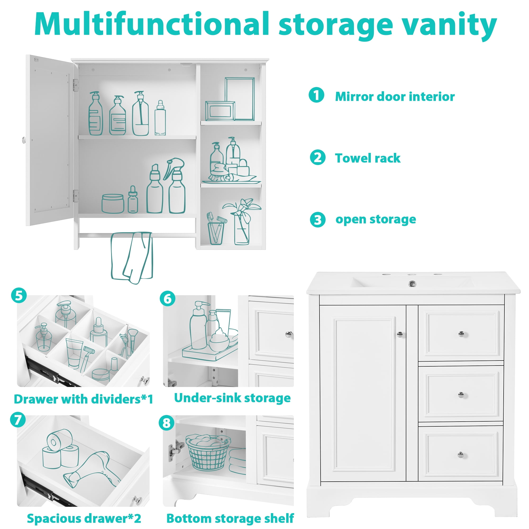 EUROCO 30" Bathroom Vanity with Resin Sink and Mirror Cabinet,Modern Bathroom Sink Cabinet with Adjustable Storage Shelves,Towels Bar and 3 Drawers,Solid Wood Frame Bathroom Vanities