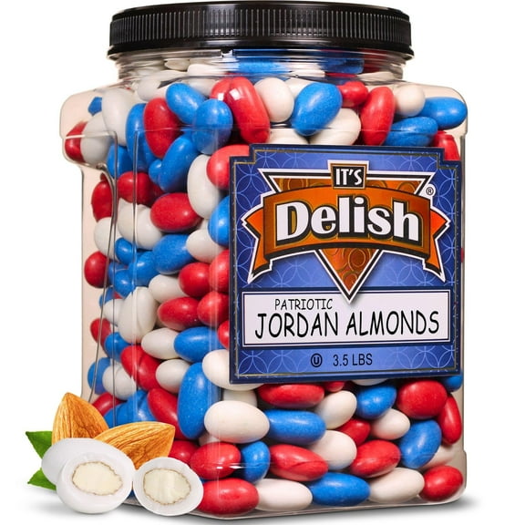 Patriotic Jordan Almonds Medley by It's Delish, 3.5 lbs Jumbo Container  Red White and Blue Candied Almonds  Fourth of July Party Decorations US Flag Colors - Bulk Vegan & Kosher Candy  Made in USA