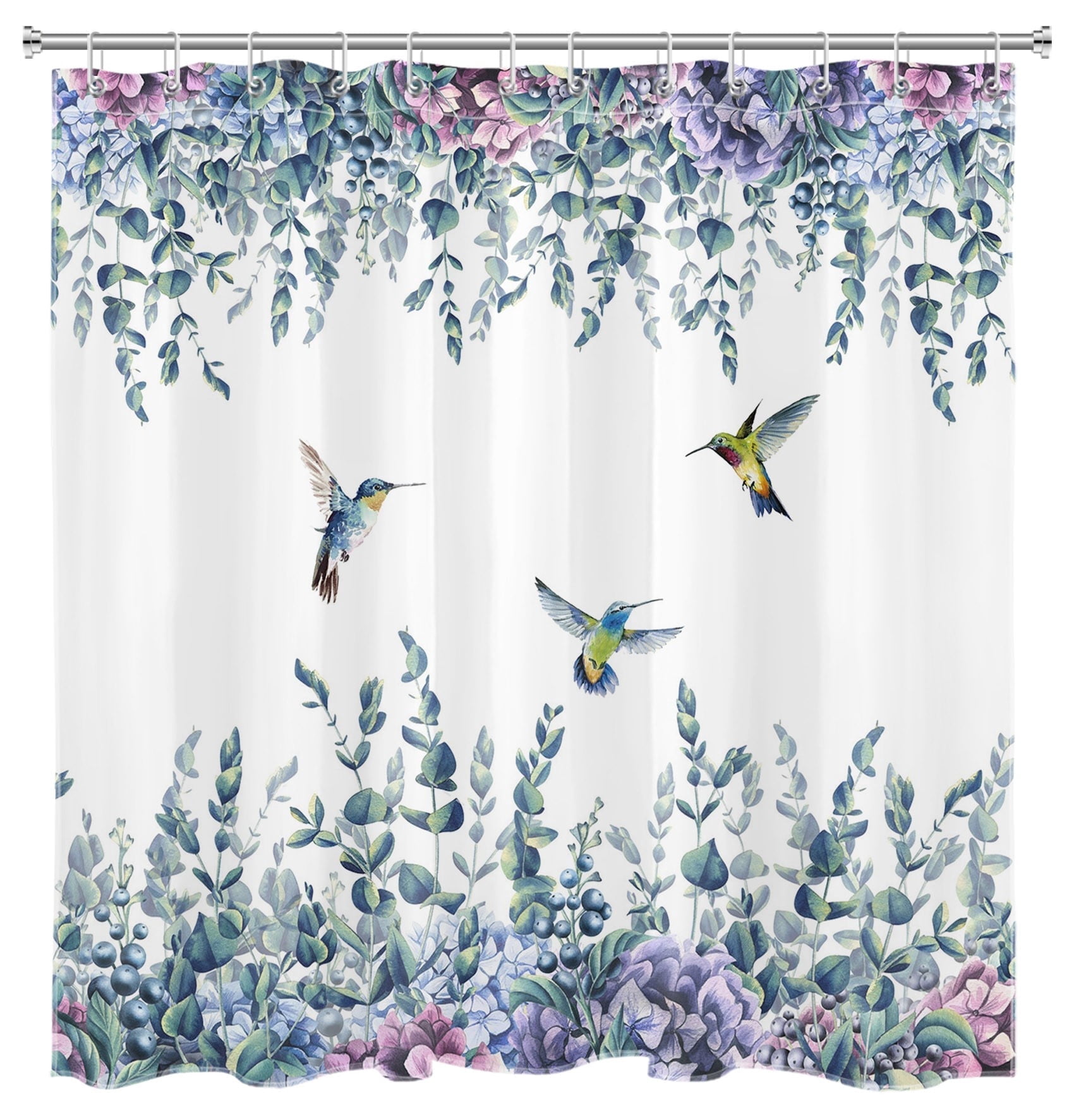Eucalyptus Leaf Shower Curtain Watercolor Plant Hummingbird Purple Floral Bathroom Shower Curtain Nature Theme Home Decor Waterproof Durable Shower Curtain Accessories with 12 Hooks 72x72 Inches