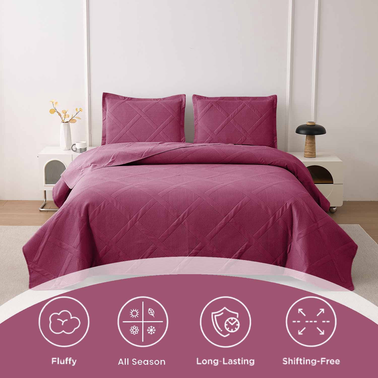 Beartech Solid Color Quilt Set Queen/Full Size Burgundy Bedspread Coverlet Microfiber Bedding Lightweight Reversible Set,Soft Bedding for All Seasons