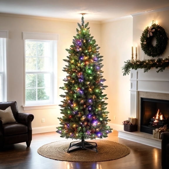 VIBESPARK 6FT Pre-Lit Artificial Christmas Tree for Home, Office, Pencil Christmas Tree, Party Decoration w/ 957 PVC Branches, 250 Colorful Lights, Metal Hinges & Foldable Base