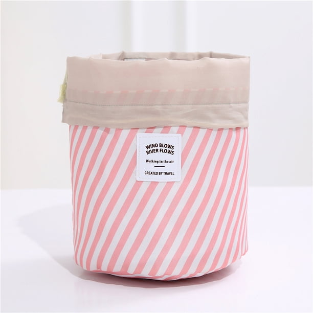 Xihbxyly Bolsa de Viaje Redonda con Forma de Barril, Organizador de Maquillaje, Exterior Acolchado, Bolsa de Pvc para Brochas, Tres Bolsillos de Malla, Ideal para Guardar Artículos de Aseo, 23 X 17 X