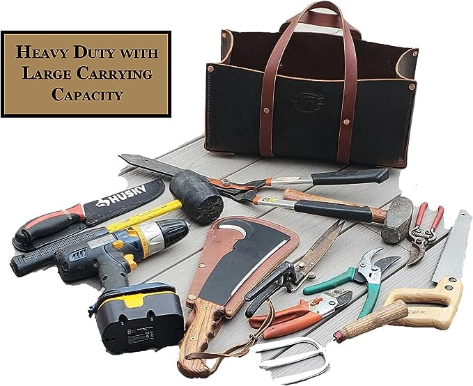 Buffalo Leather Tote Tool Bag For Hand Tools, Gardening, Outdoorsmen, Heavy Duty Premium Storage Leather Organizer (Crazy Horse Black)