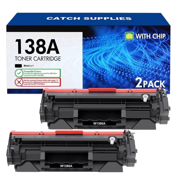 138A W1380A Black Toner Cartridge with Chip Compatible Replacement for 138A W1380A 138X W1380X Toner Cartridge Work for Pro 3001dw 3001fdw MFP 3101fdw Series Printer Ink ( 2-Pack )