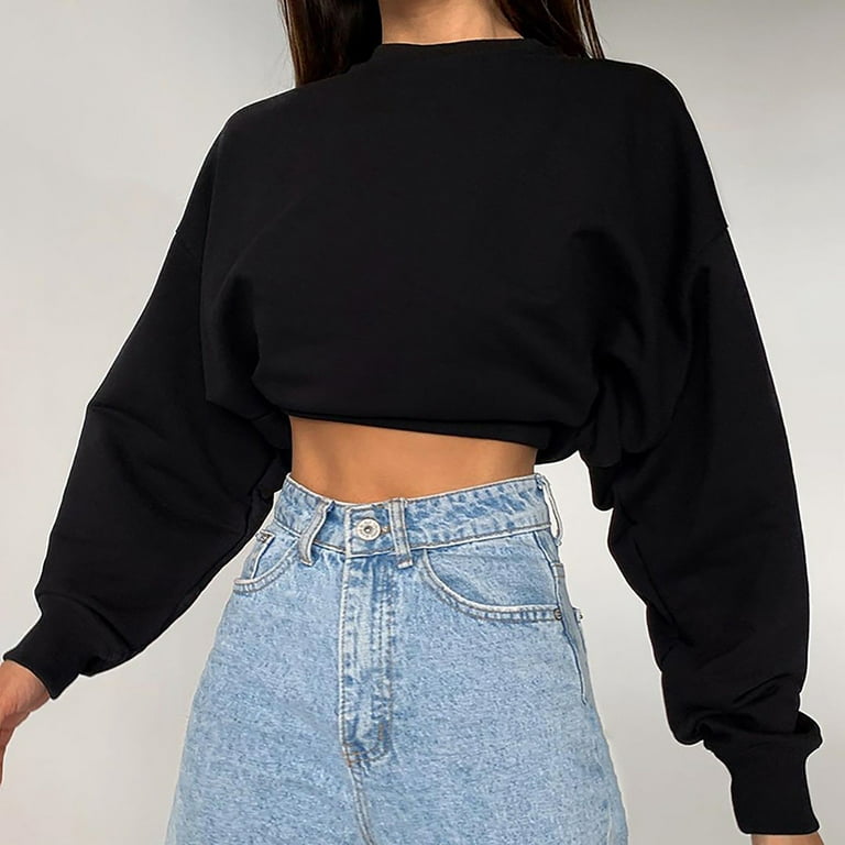 Women's Solid Color Sweatshirt Pullover Slim Short Crop Top