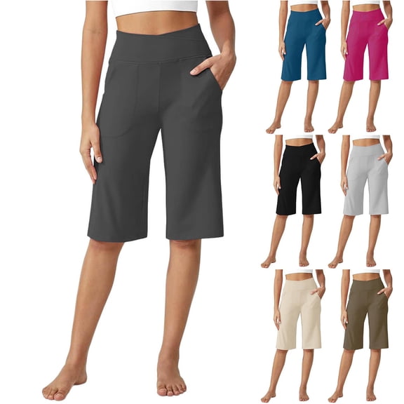 Kmdttou Womens Summer 3/4 Pants Flowy High Waisted Loose Casual Lounge Pant Oversized Drying Tight Elastic Comfortable Fitness Pants Yoga Pants