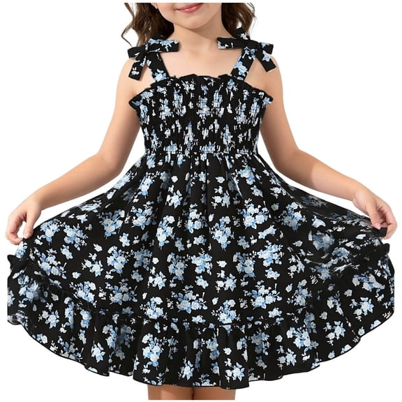 HAOTAGS Girls Smock Dresses,Round Neck Sleeveless A-Line Knee-Length Summer Floral Dress Blue 5-6