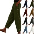 thumbnail image 1 of Pincandy Women's Solid Color Elastic Waist Corduroy Casual Pants, Side Pockets, Side Buttons, Casual & Daily Wear, 1 of 7