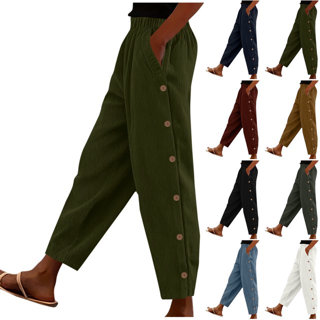 Pincandy Women's Solid Color Elastic Waist Corduroy Casual Pants, Side Pockets, Side Buttons, Casual & Daily Wear